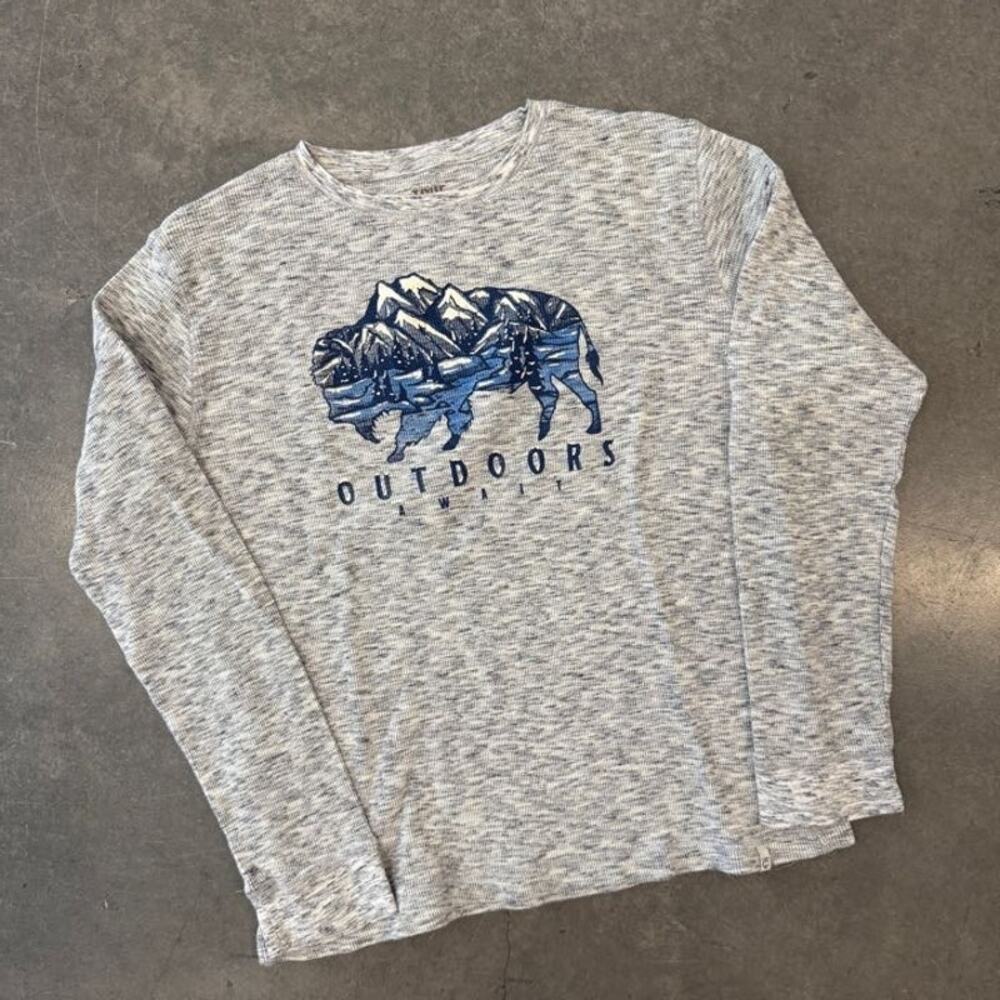 Vintage Y2K Outdoor Awaits Buffalo Mountains Long Sleeve Gray Pullover Knit XL